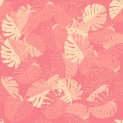 Pink vector Illustration of leaves monstera. Seamless pattern