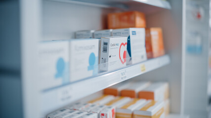 Modern Pharmacy Drugstore with Shelves full of Rows of Packages with Modern Medicine, Pill Drugs,...