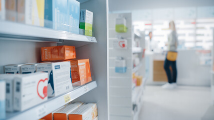 Modern Pharmacy Drugstore with Shelves full of Packages Full of Modern Medicine, Drugs, Vitamin...