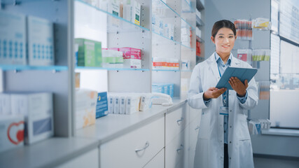 Pharmacy Drugstore: Beautiful Asian Pharmacist Uses Digital Tablet Computer, Does Inventory Checkup, Online Prescription of Medicine Packages, Drugs, Vitamin Boxes, Supplements, Health Care Products