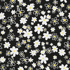 Cute ditsy daisy vector flower seamless repeat pattern. All over print with black background.