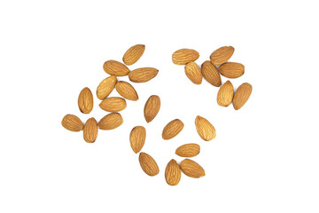 Fototapeta na wymiar Almond nuts isolated on white background, top view. Heap of almonds