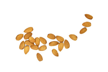 Almond nuts isolated on white background, top view. Heap of almonds