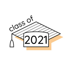 Graduation 2021 greeting card in line art style. Graduate hat icon. Black and yellow student elements. Minimalist design 