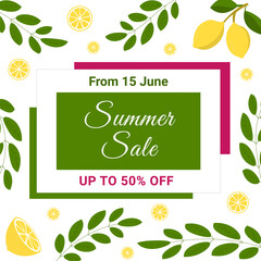 Summer sale banner with lemons and leaves. Citrus fruit design.