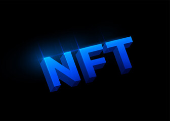 NFT non fungible tokens concept vector background. Big 3d blue shiny letters sign isolated on dark black backdrop. Tokenscrypto art design