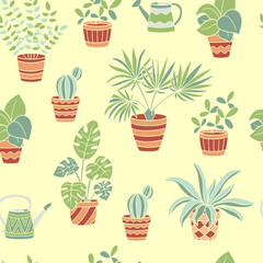 Seamless pattern with potted houseplants set