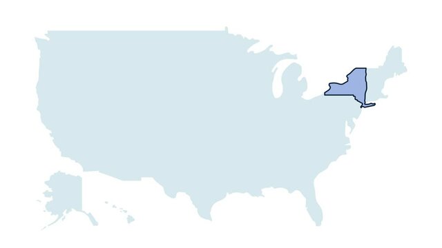 US New York state map animation. United states of America country - high detailed motion illustration map. 4k animated video with blinking red and blue highlighted state with alpha matte