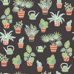 Seamless pattern with potted houseplants set