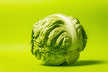 Fototapeta premium Fresh young cabbage, whole head in bright green background