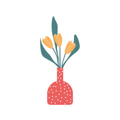 Cute yellow flowers in red vase on white background vector illustration.
