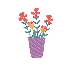 Cute flowers bouquet in violet vase on white background vector illustration.