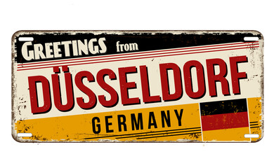 Greetings from Düsseldorf vintage rusty metal plate