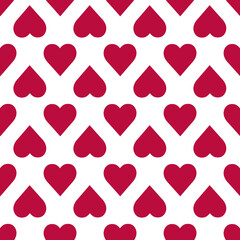 Hearts of dark red color on a white background. Vector hearts. Polka dots. Simple flat seamless pattern. For material, paper, cover, clothing, wallpaper, notepad, flyer, wrapping paper