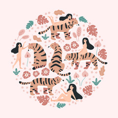 Circle with women, tigers. Hand drawn abstract tropical flowers and plants on pink background. Wild animals. Doodle vector illustration.