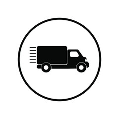 Truck icon in a white circle. Delivery and transportation of goods. User interface button in smartphone app. Vector illustration