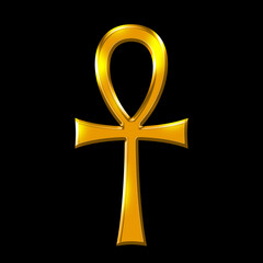Golden Ankh symbol, the key of life over black. Breath of life, key of the Nile, crux ansata. Cross with handle. Ancient Egyptian sign and hieroglyph of gods and Pharaohs representing concept of life. - obrazy, fototapety, plakaty