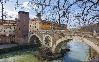 Tiberin Island. St. Bartholomew Island. Fabricho Bridge. Hospital Fatebenefratelli. Rome. Lazio region. Italy