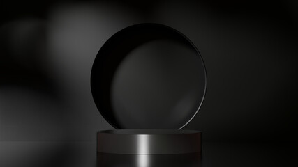 Black empty pedestal for product showcase on a dark background stage. Geometric shape. Mockup template. 3d render illustration