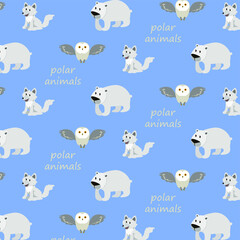 White animals cute vector pattern, Cartoon Arctic animals background, Polar bear baby illustration, Nursery pattern