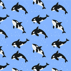 Killer whale cartoon pattern, Orca blue background, Sea animal vector illustration