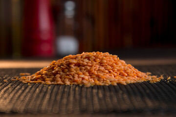 Pile of dried red lentils ready to cook