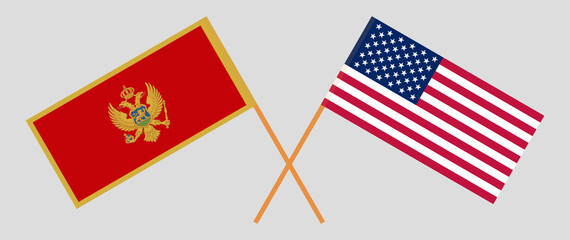 Crossed flags of Montenegro and the USA. Official colors. Correct proportion