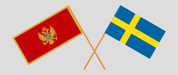 Crossed flags of Montenegro and Sweden. Official colors. Correct proportion
