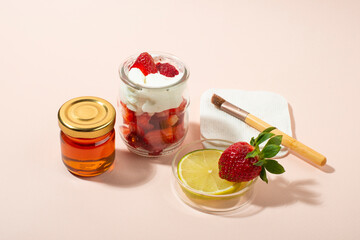Homemade strawberry face mask ingredients. DIY homemade natural skin care products.