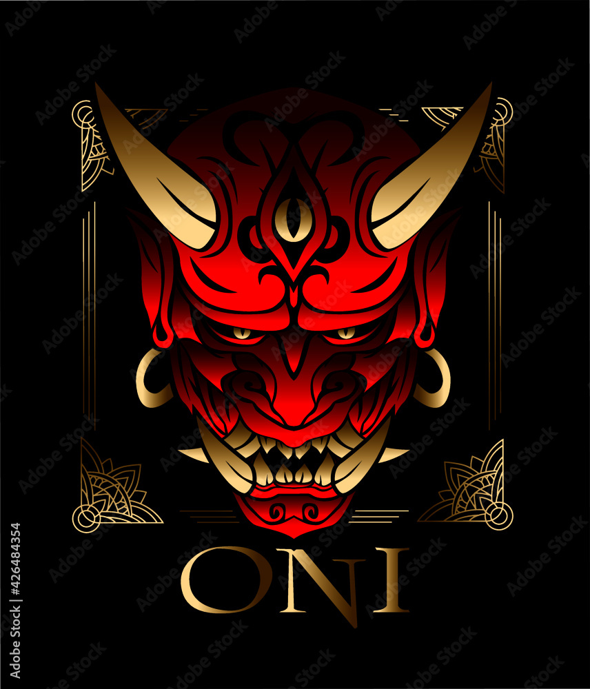 Wall mural oni is mean demon illustration design for sukajan is mean japan traditional cloth or t-shirt,Embroidery Men T-shirts Summer Casual Short Sleeve Hip Hop T Shirt Streetwear