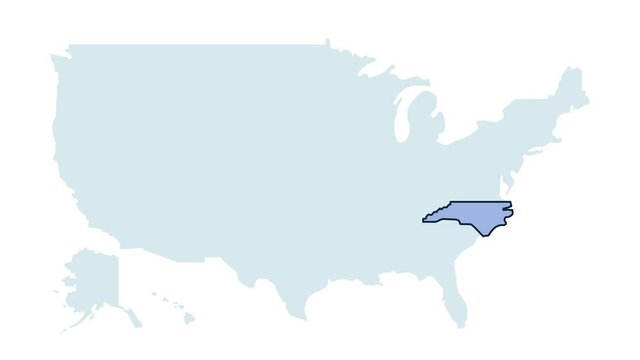 US north carolina state map animation. United states of America country - high detailed motion illustration map. 4k animated video with blinking red and blue highlighted state with alpha matte