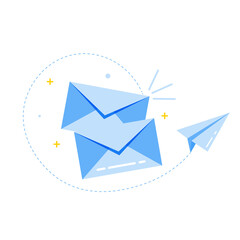 Vector envelope icon and paper airplane. The postal envelope is blue. Illustration of an envelope in a cartoon style. Email marketing