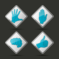 Collection human hand various gestures sketch on background road sign, thumbs up knuckles outline, open palm icon. Set of icons with gestures of human hands