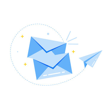 recommend clip art: Vector envelope icon and paper airplane. The postal envelope is blue. Illustration of an envelope in a cartoon style. Email marketing
