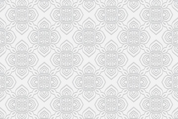 Geometric volumetric convex white background. Ethnic African, Mexican, Indian motives. Handmade style. 3d embossed fashionable decorative pattern for presentations, wallpapers, textiles.