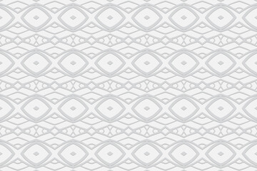 Geometric volumetric convex white background. Ethnic African, Mexican, Indian motives. Handmade style. 3d embossed minimalist pattern for presentations, wallpapers, websites, textiles.