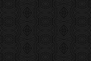Geometric volumetric convex black background. Ethnic African, Mexican, Indian motives. Handmade style. 3D relief pattern of shapes, polygons and lines for presentations, wallpapers.