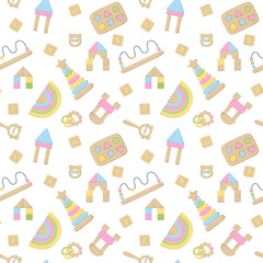 Seamless pattern with Children wooden toys. Education logic toys for Montessori games. Zero waste Blocks, rattles, multicolored sorters. Vector illustration on white background