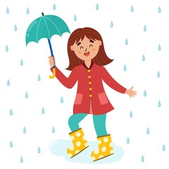 Cute girl enjoying the rain. Kid wearing a raincoat with umbrella. Rainy day vector illustration with a happy girl in rubber boots, puddle and rain