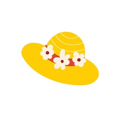 Cute yellow hat. Hand drawn hat with flowers in cartoon style. Summer clothes isolated element. Vector illustration