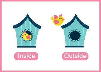 Inside and outside opposite adjectives educational wordcard. Flashcard with a cute bird and a birdhouse for school and preschool. Activity page for kids. Vector illustration