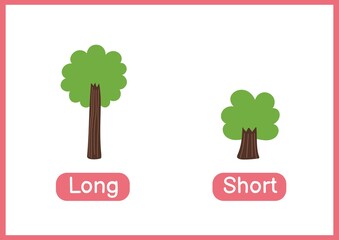 Long and short opposite adjectives educational wordcard. Flashcard with trees for school and preschool. Activity page for kids. Vector illustration