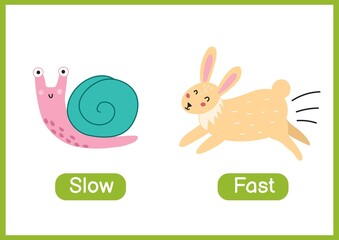 Slow and fast opposite adjectives educational wordcard. Flashcard with cute snail and rabbit for school and preschool. Activity page for kids. Vector illustration