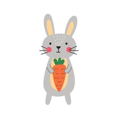 Cute rabbit holding a carrot in its paws. Sweet little bunny isolated element in cartoon style for kids and nursery design. Vector illustration