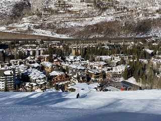 Panoramic view to Vail village from the top angle at winter sunny day
