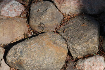 Several granite stones lie next to each other. Granite stones of different colors, shapes and sizes lie close to each other. Fallen pine needles between the stones.