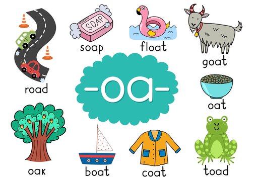 Oa Digraph With Words Educational Poster For Kids. Learning Phonics For School And Preschool. Phonetic Worksheet. Vector Illustration