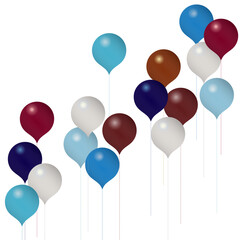 Abstract illustration of jewel-toned red, white and blue helium balloons, on a white background