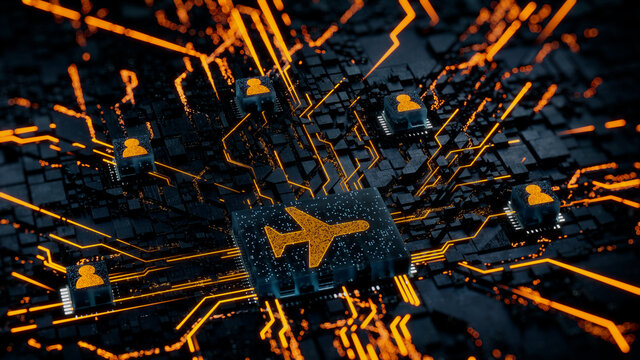 Flight Technology Concept with airplane symbol on a Microchip. Orange Neon Data flows between Users and the CPU across a Futuristic Motherboard. 3D render.