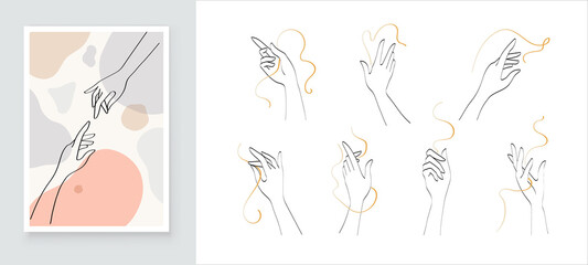 Modern Abstract Hand Set for Art Decoration. Boho. Minimal Art on Geometric Shapes Background. Painting Wall Pictures Home Room Decor. Abstract vector design.
